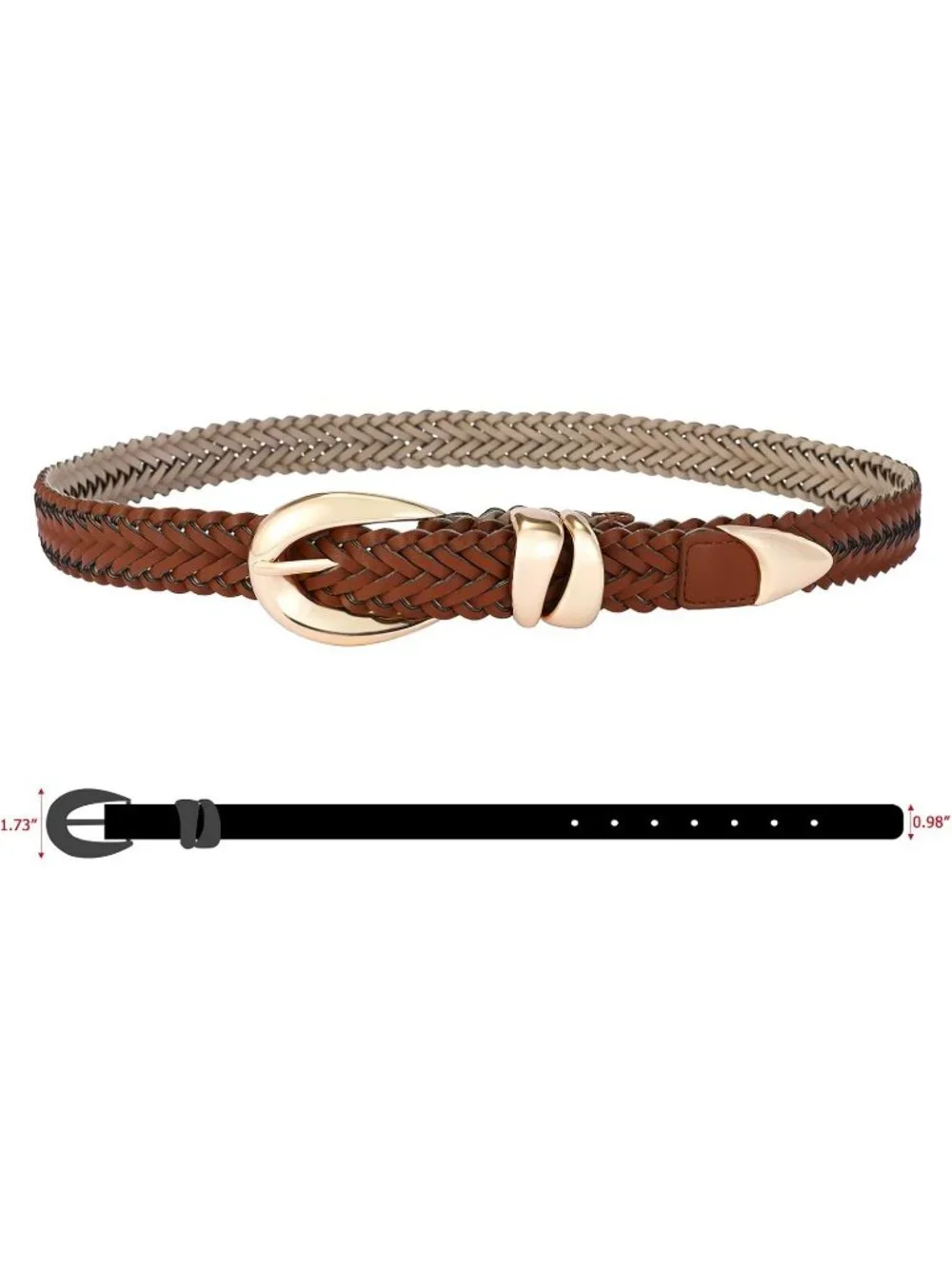 Women's Braided Brown Leather Adjustable Waist Belt For Jeans With Gold Buckle